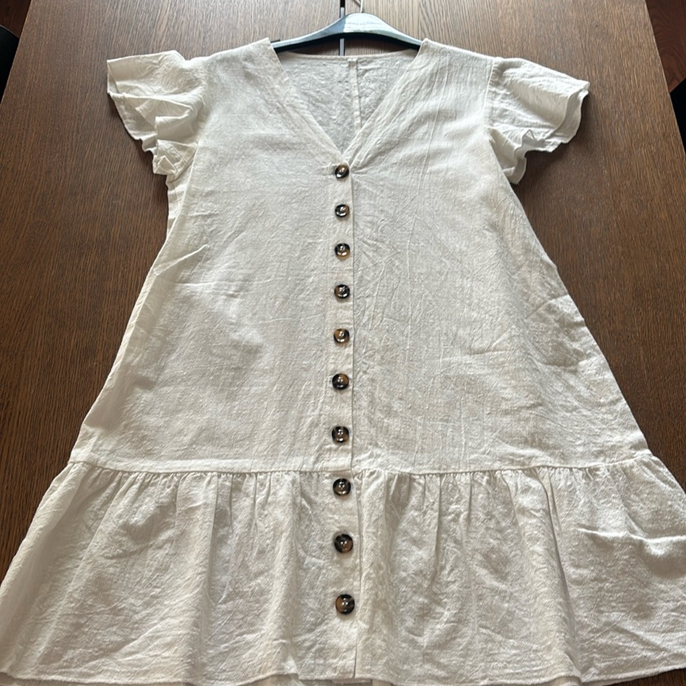White Cotton Linen Blend Button Dress White